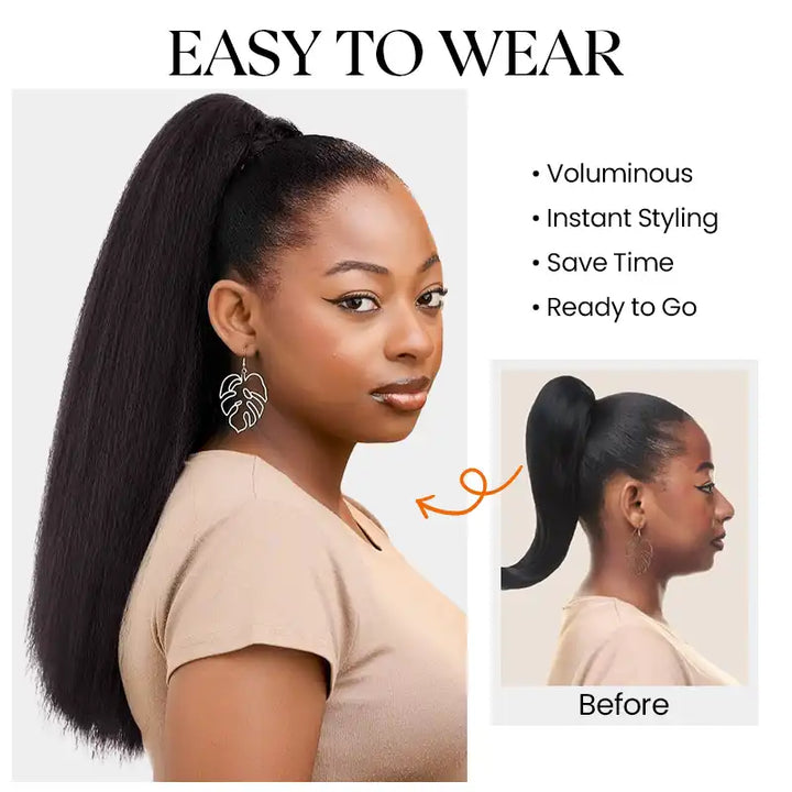Dark Brown Kinky Straight Drawstring Ponytail Human Hair Extension For Women