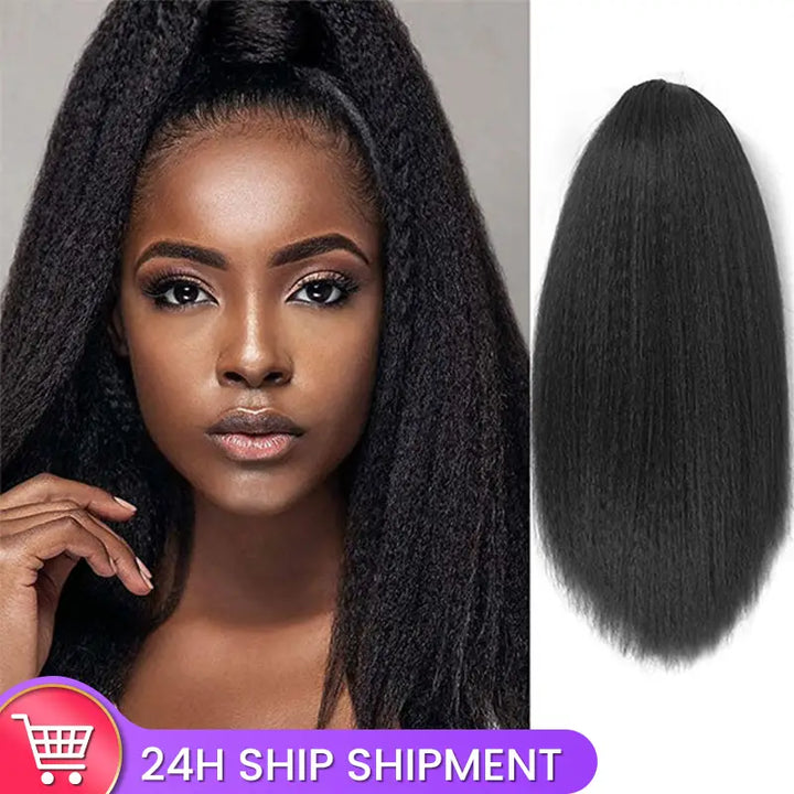 Extension de cheveux humains crépus et lisses avec cordon de serrage pour femmes 
