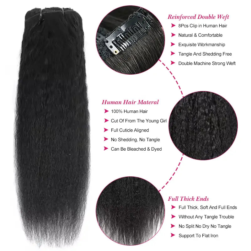 Extensiones de cabello humano liso y rizado con clip, 8 unidades por juego, de cabello humano real y grueso. 