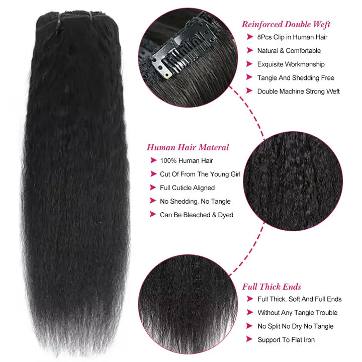 Extensiones de cabello humano liso y rizado con clip, 8 unidades por juego, de cabello humano real y grueso. 