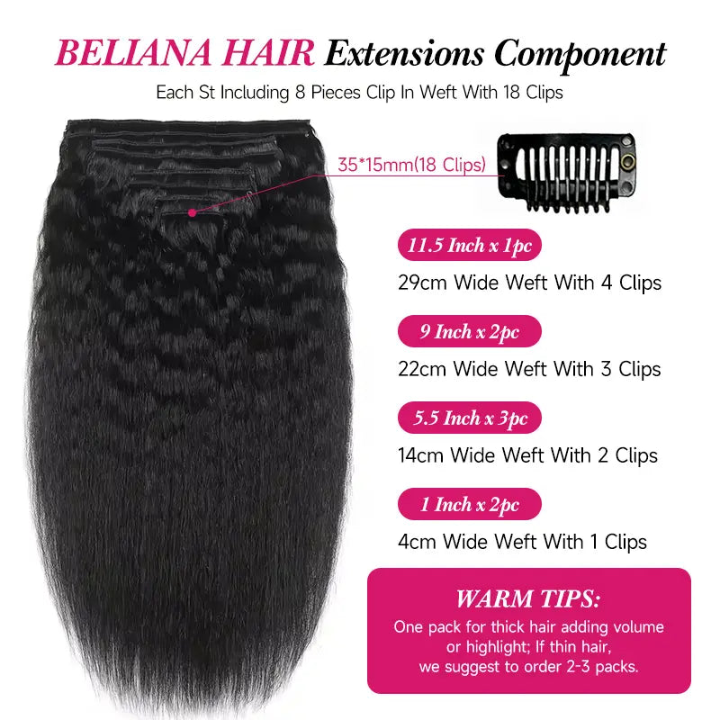 Extensiones de cabello humano liso y rizado con clip, 8 unidades por juego, de cabello humano real y grueso. 