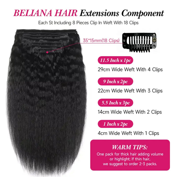 Extensiones de cabello humano liso y rizado con clip, 8 unidades por juego, de cabello humano real y grueso. 