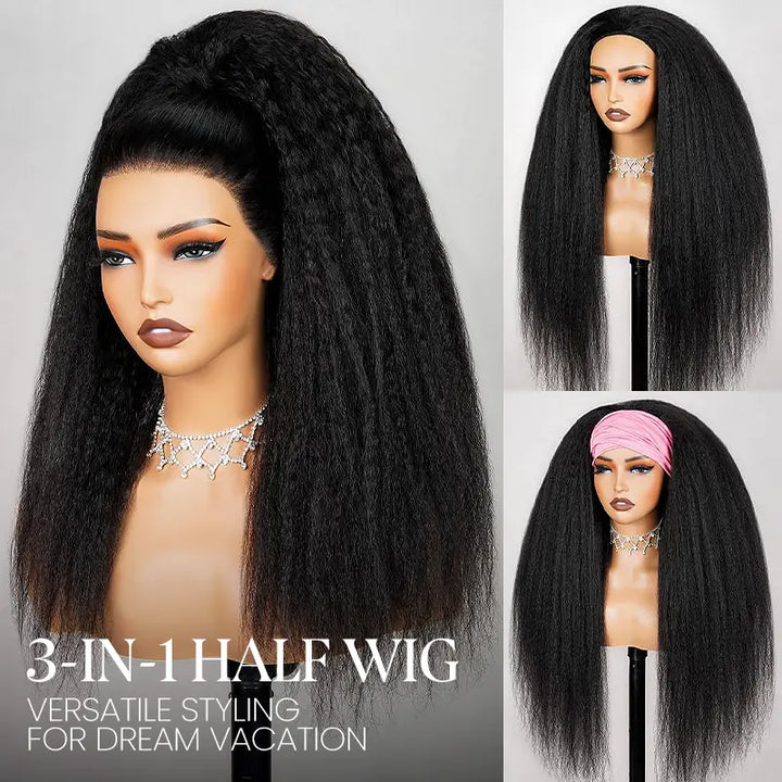 3 In 1 Half Wig Kinky Straight Glueless Install Half Wig With Adjustable String Beginner Friendly