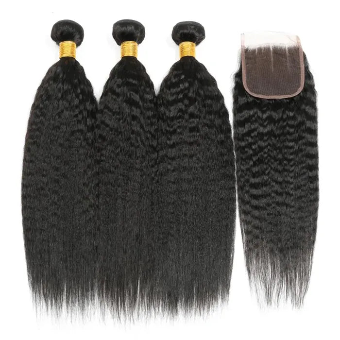 3 Bundles with 4x4 Transparent Lace Closure Kinky Straight Hair