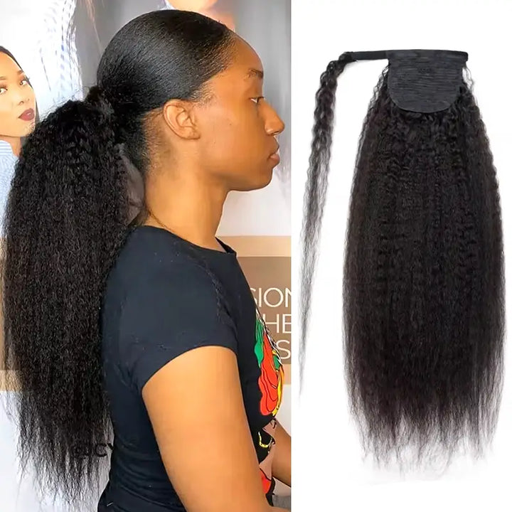 Queue de cheval crépue et lisse avec extensions de cheveux tissés, postiches à enrouler 