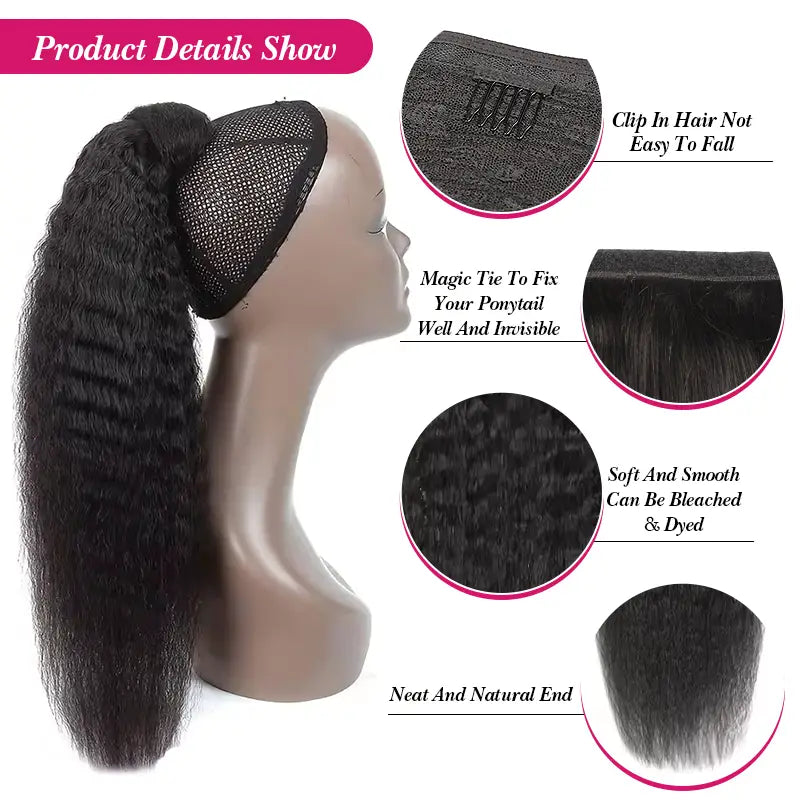 Queue de cheval crépue et lisse avec extensions de cheveux tissés, postiches à enrouler 