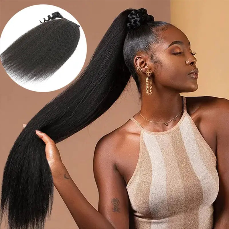 Queue de cheval crépue et lisse avec extensions de cheveux tissés, postiches à enrouler 