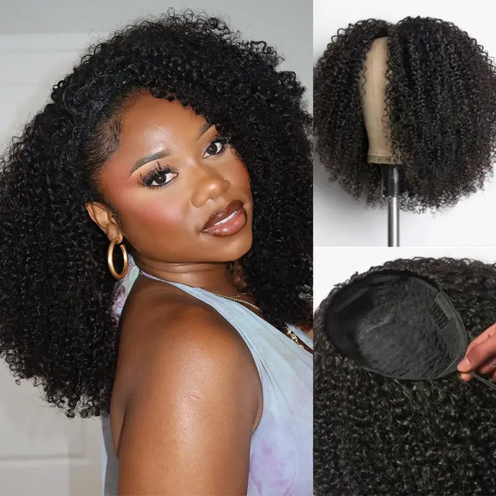 Kinky Curly Glueless Half Wig With Drawstring invisible Hairline Protective Style 3 in 1 Beginner Friendly Wig
