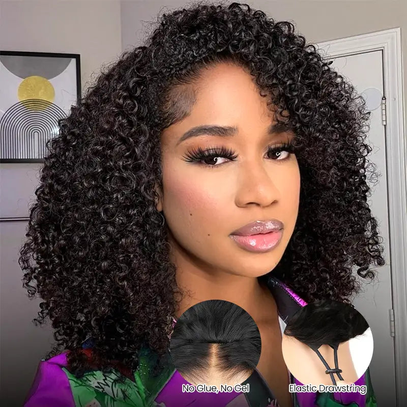 Kinky Curly Glueless Half Wig With Drawstring invisible Hairline Protective Style 3 in 1 Beginner Friendly Wig