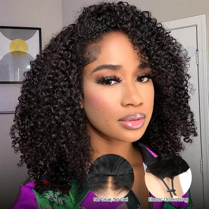 Kinky Curly Glueless Half Wig With Drawstring invisible Hairline Protective Style 3 in 1 Beginner Friendly Wig