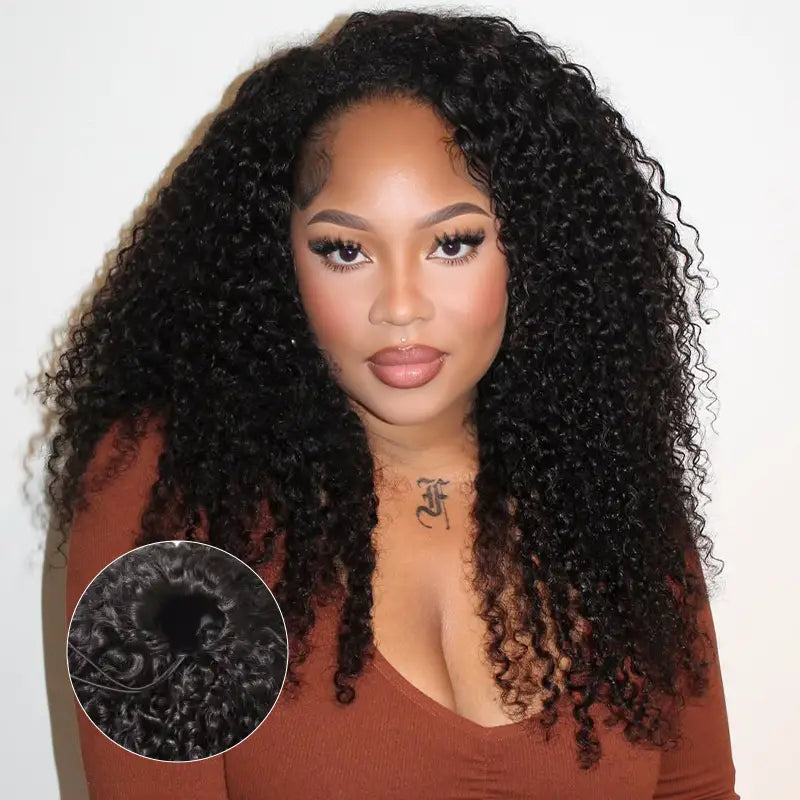 Kinky Curly Glueless Half Wig With Drawstring invisible Hairline Protective Style 3 in 1 Beginner Friendly Wig