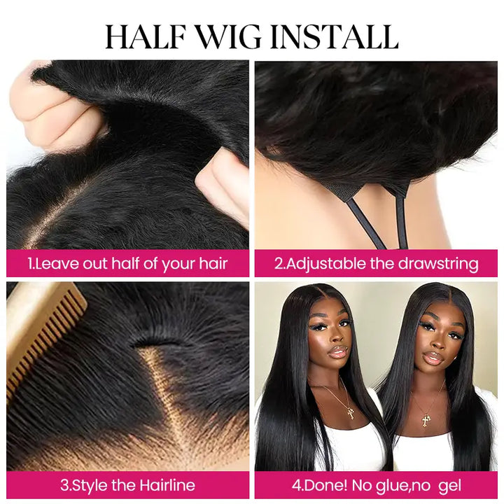 Kinky Curly Glueless Half Wig With Drawstring invisible Hairline Protective Style 3 in 1 Beginner Friendly Wig