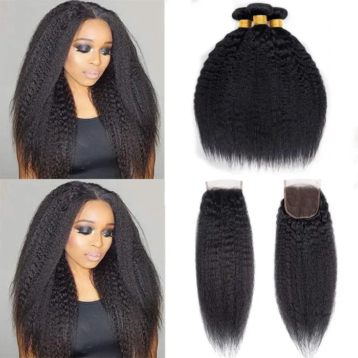 Lot de 3 mèches de cheveux crépus lisses avec fermeture en dentelle transparente 4x4 