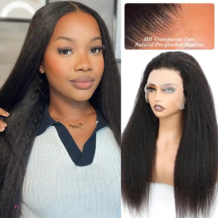 Super Natural Kinky Straight Invisi Snug Fit 13x4 HD Lace Frontal Bleached Knots Wig