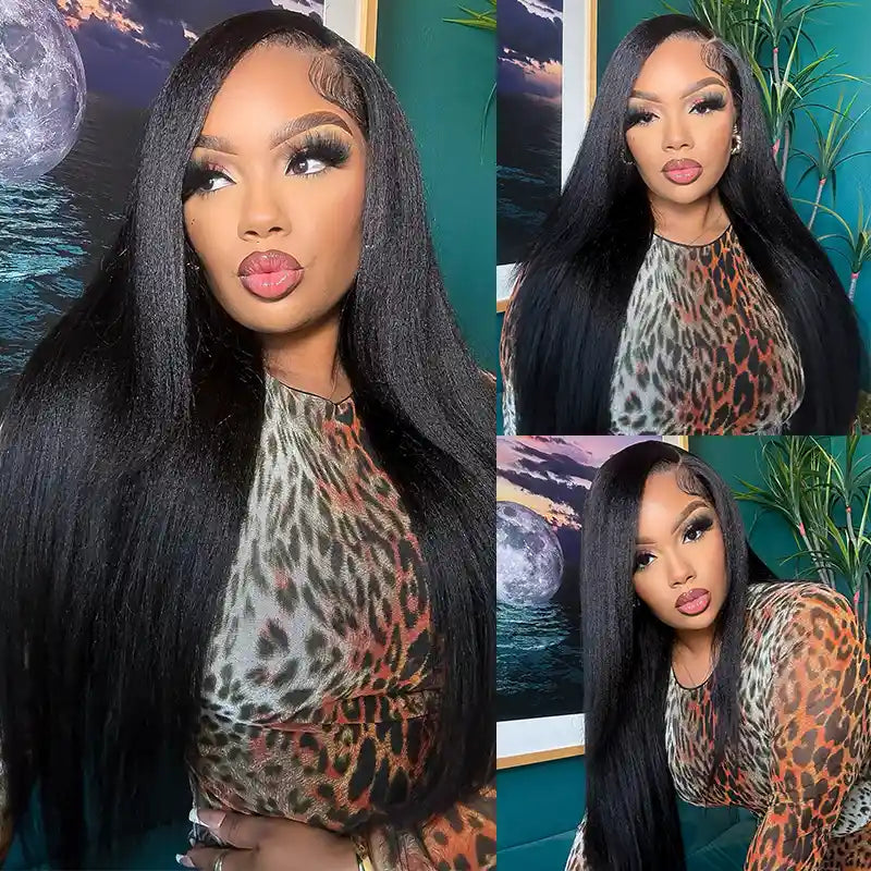 Super Natural Kinky Straight Invisi Snug Fit 13x4 HD Lace Frontal Bleached Knots Wig