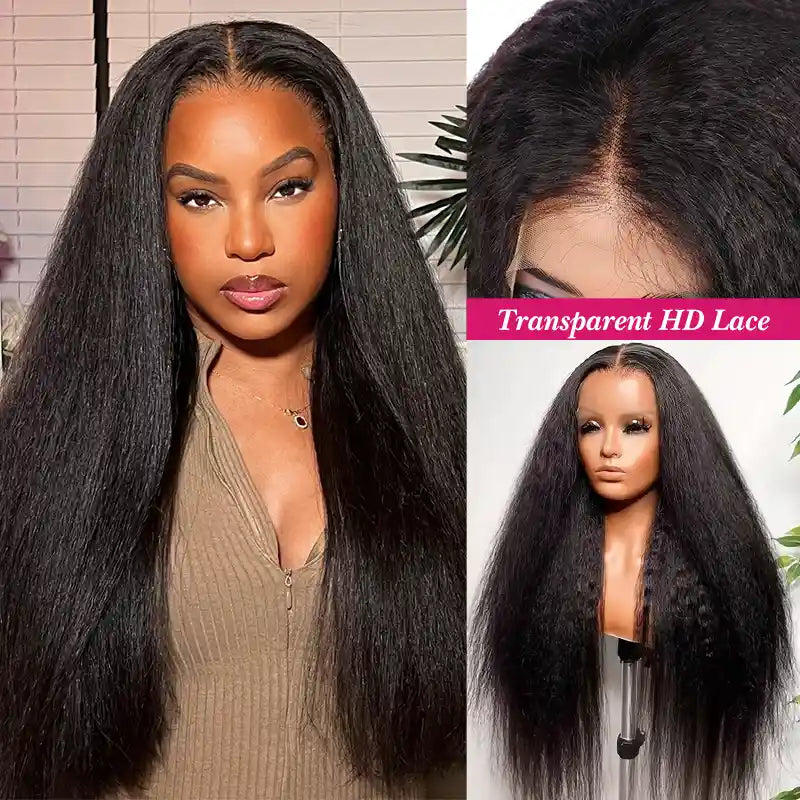Super Natural Kinky Straight Invisi Snug Fit 13x4 HD Lace Frontal Bleached Knots Wig