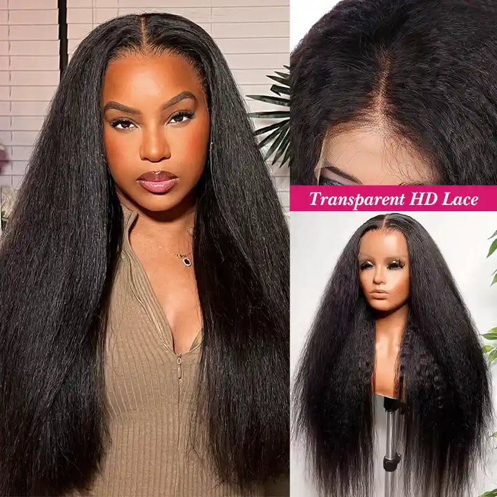 Super Natural Kinky Straight Invisi Snug Fit 13x4 HD Lace Frontal Bleached Knots Wig