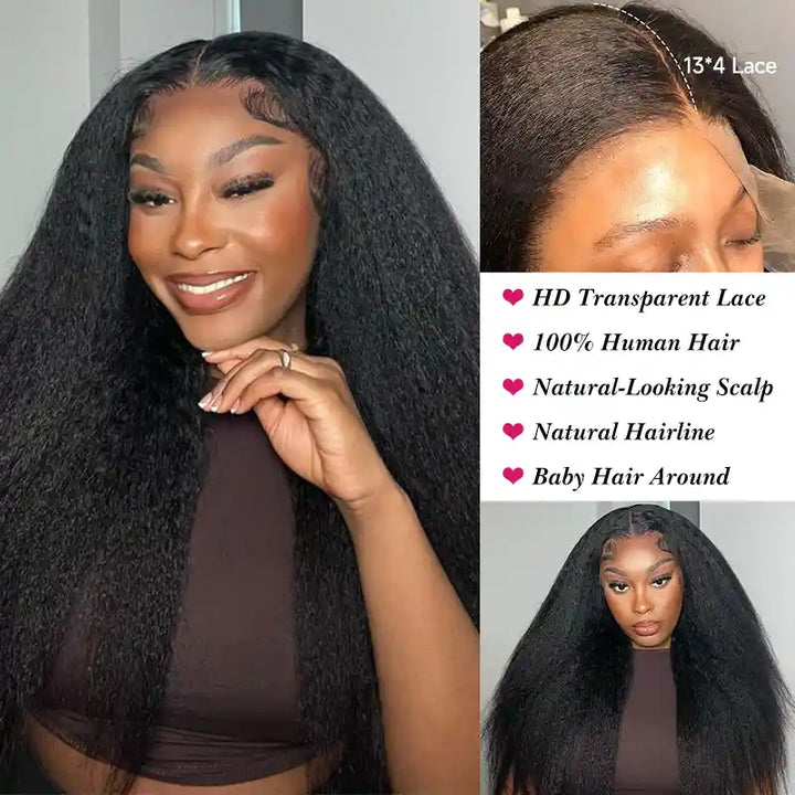 Super Natural Kinky Straight Invisi Snug Fit 13x4 HD Lace Frontal Bleached Knots Wig