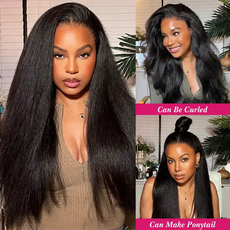 Super Natural Kinky Straight Invisi Snug Fit 13x4 HD Lace Frontal Bleached Knots Wig