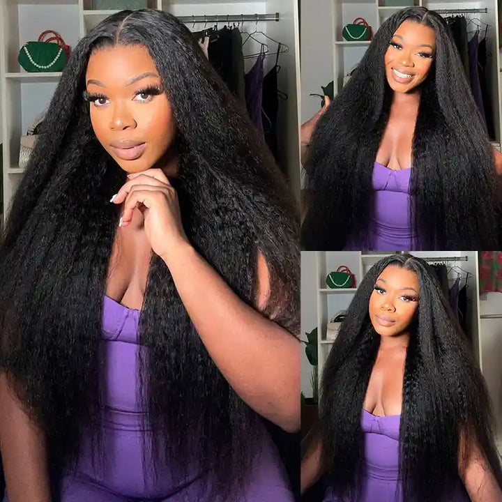 Super Natural Kinky Straight Invisi Snug Fit 13x4 HD Lace Frontal Bleached Knots Wig