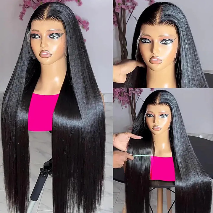 Peluca de cabello humano liso con encaje frontal transparente de 13 x 4 