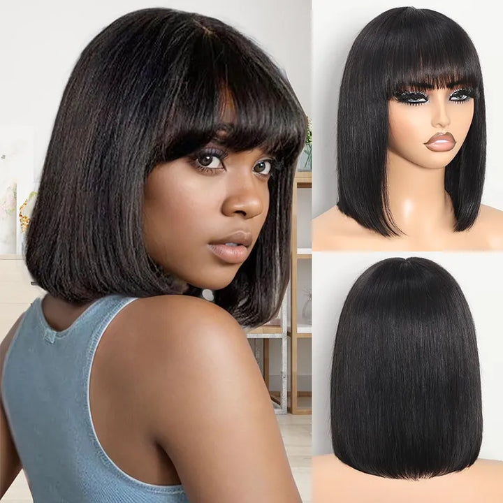 Perruque courte en cheveux humains raides avec frange #1B 