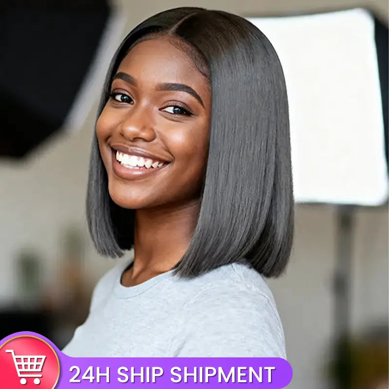 Perruque grise ombrée 1B, cheveux lisses, fermeture en dentelle 2x6, 8 pouces, densité 200 % 