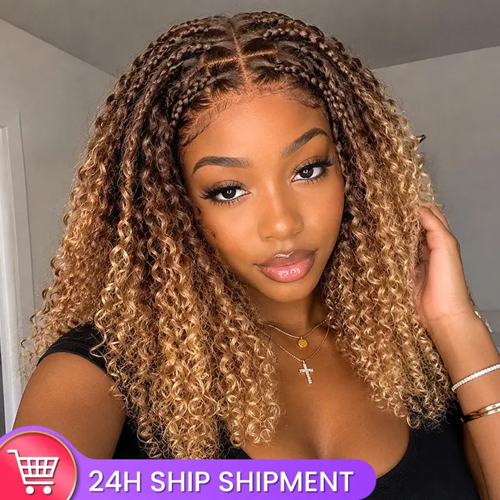 Ombre T4/27 Boho Braided Curly Wig Ready to Wear Glueless 5x5 HD Lace Closure Human Hair Wig