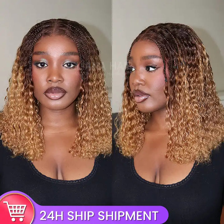 Ombre T4/27 Boho Braided Curly Wig Ready to Wear Glueless 5x5 HD Lace Closure Human Hair Wig