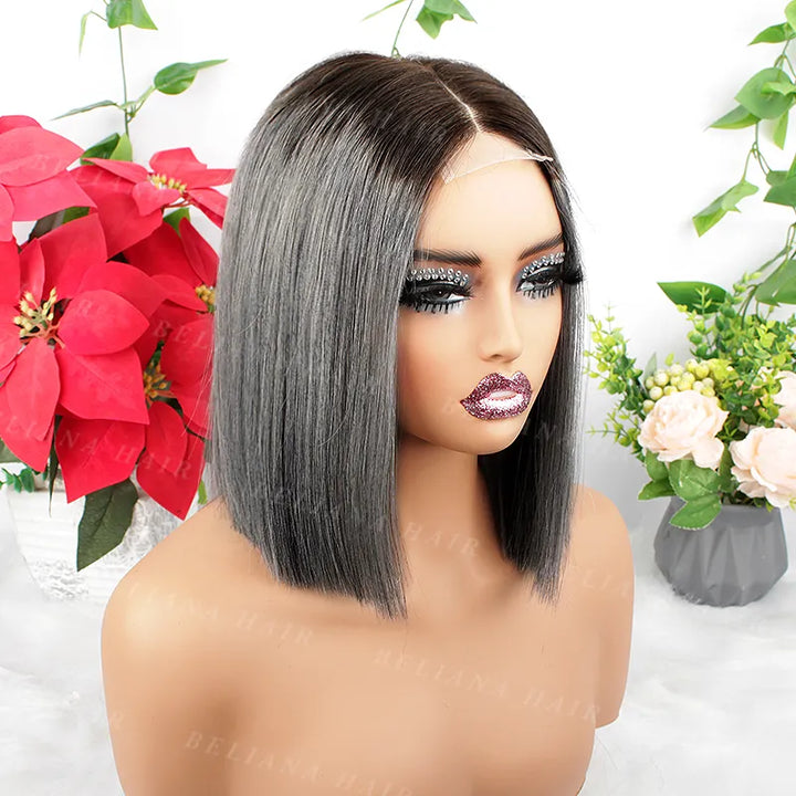 Ombre 1B Gray Straight Hair 2x6 Lace Closure 8 Inch 200% Density Wig