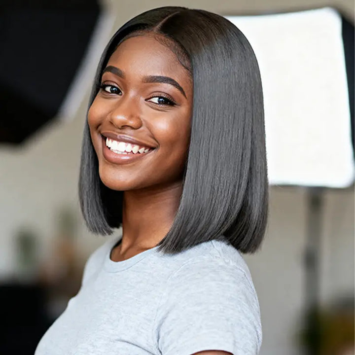 Ombre 1B Gray Straight Hair 2x6 Lace Closure 8 Inch 200% Density Wig