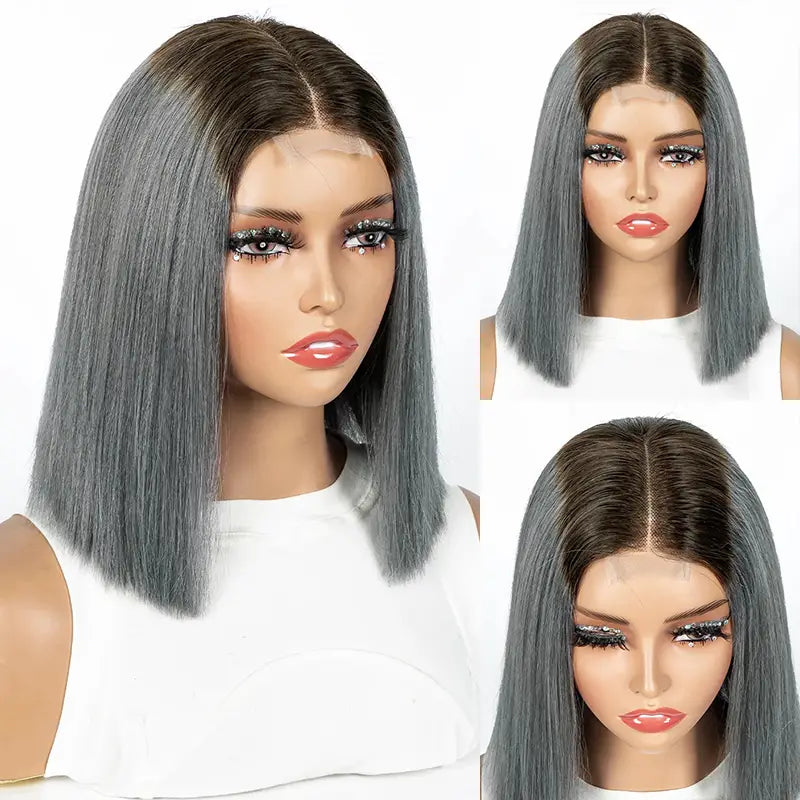 Ombre 1B Gray Straight Hair 2x6 Lace Closure 8 Inch 200% Density Wig