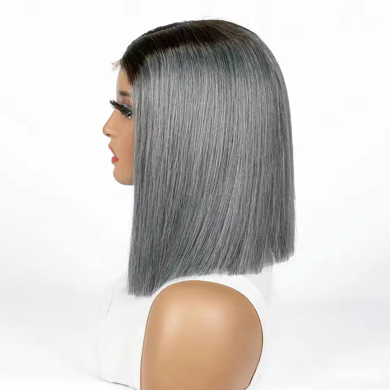 Ombre 1B Gray Straight Hair 2x6 Lace Closure 8 Inch 200% Density Wig