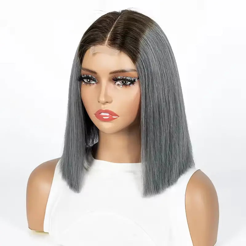 Ombre 1B Gray Straight Hair 2x6 Lace Closure 8 Inch 200% Density Wig
