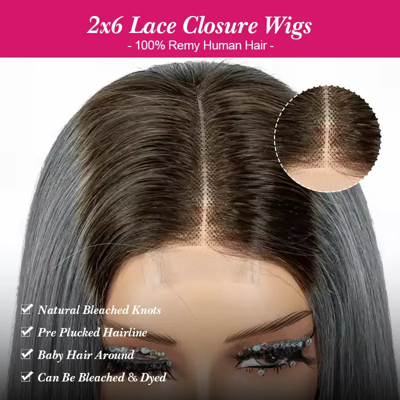 Ombre 1B Gray Straight Hair 2x6 Lace Closure 8 Inch 200% Density Wig