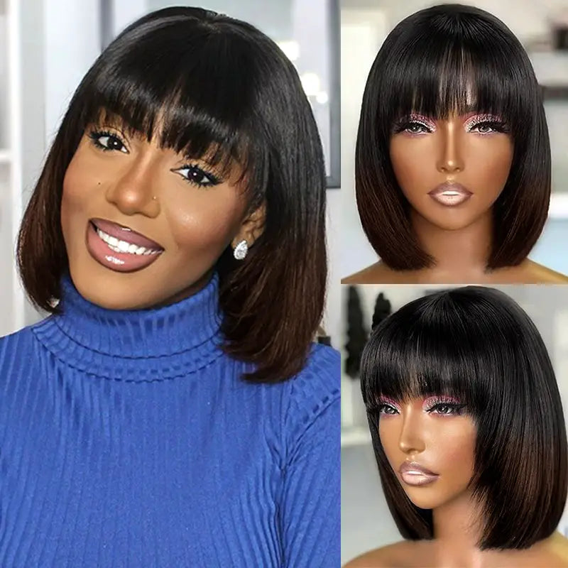 Ombre Chocolate Brown 2x6 Closure Lace Straight Human Hair Bob Wig With Bang