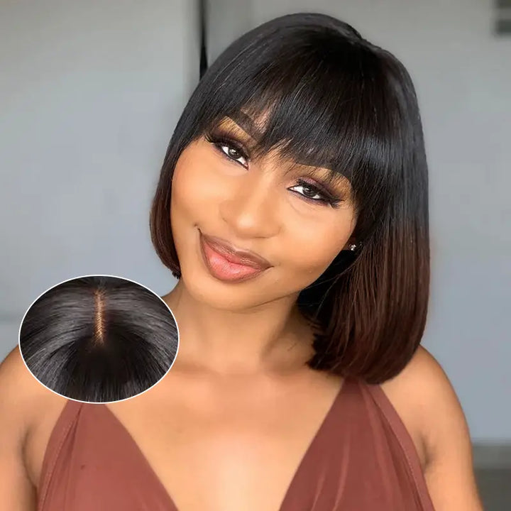 Ombre Chocolate Brown 2x6 Closure Lace Straight Human Hair Bob Wig With Bang
