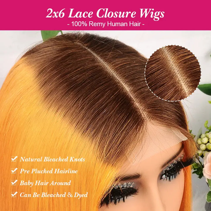 Ombre Chocolate Orange 2x6 Lace Closure 8 Inch 200% Density Short Bob Wig