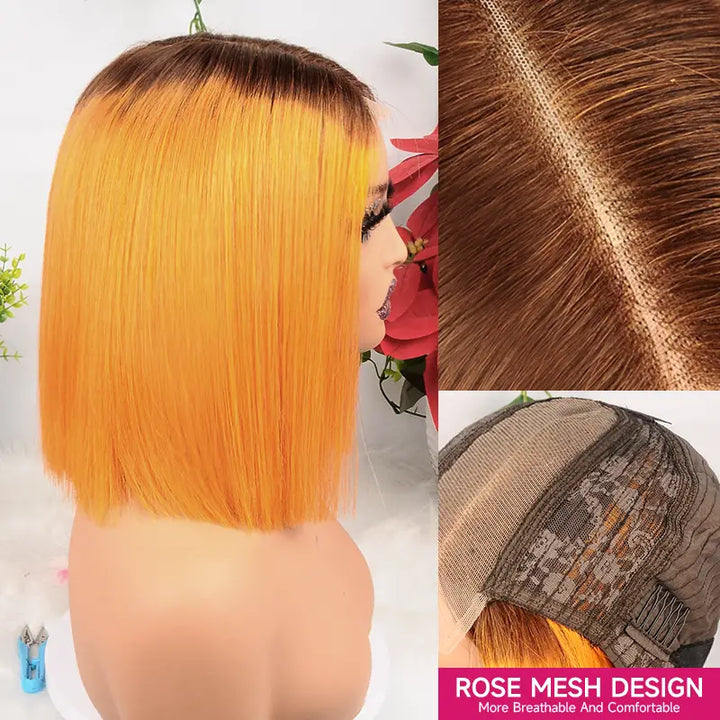Ombre Chocolate Orange 2x6 Lace Closure 8 Inch 200% Density Short Bob Wig
