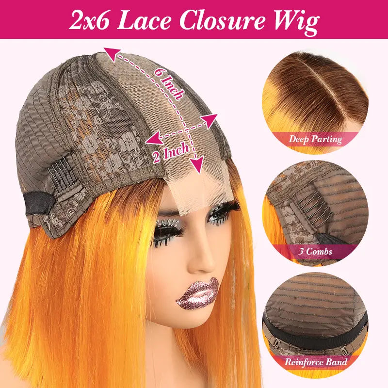 Ombre Chocolate Orange 2x6 Lace Closure 8 Inch 200% Density Short Bob Wig