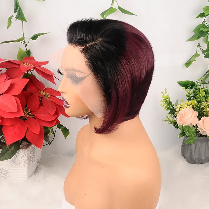 Perruque courte et lisse en cheveux humains, coupe Pixie, ombrée 1B/99J, 13x4, avec dentelle transparente 