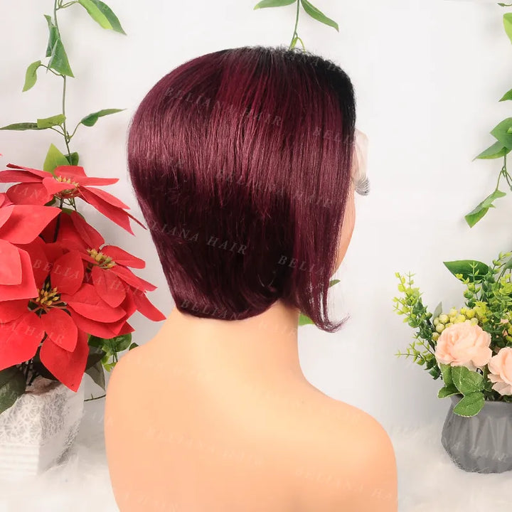 Perruque courte et lisse en cheveux humains, coupe Pixie, ombrée 1B/99J, 13x4, avec dentelle transparente 