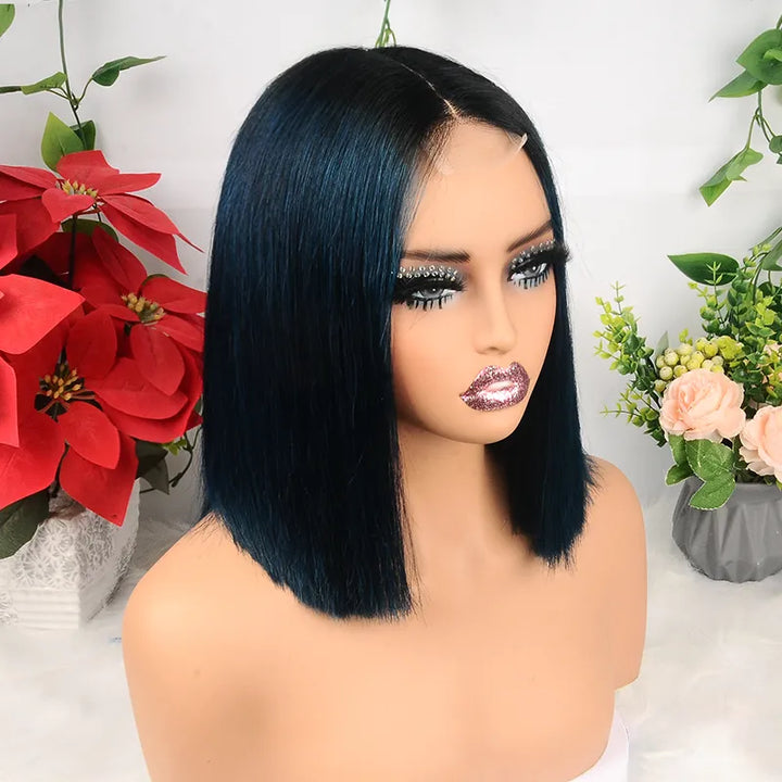 Perruque Bob lisse bleu ombré 1B avec fermeture en dentelle 2x6, 8 pouces, densité 200 % 