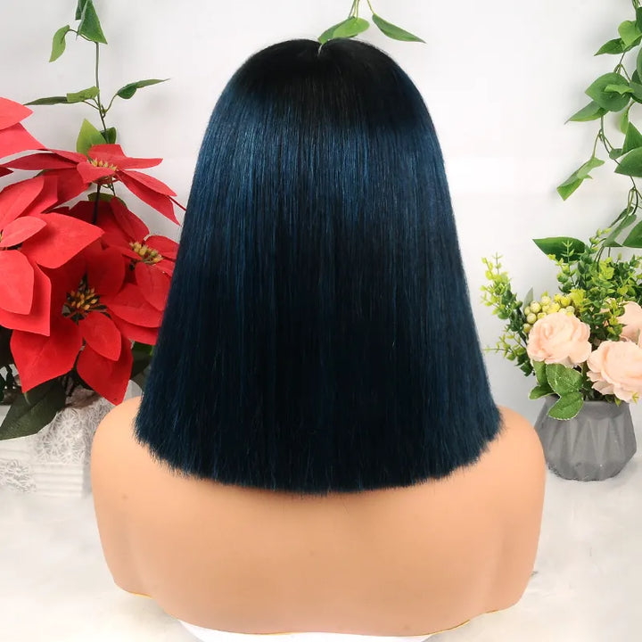 Perruque Bob lisse bleu ombré 1B avec fermeture en dentelle 2x6, 8 pouces, densité 200 % 