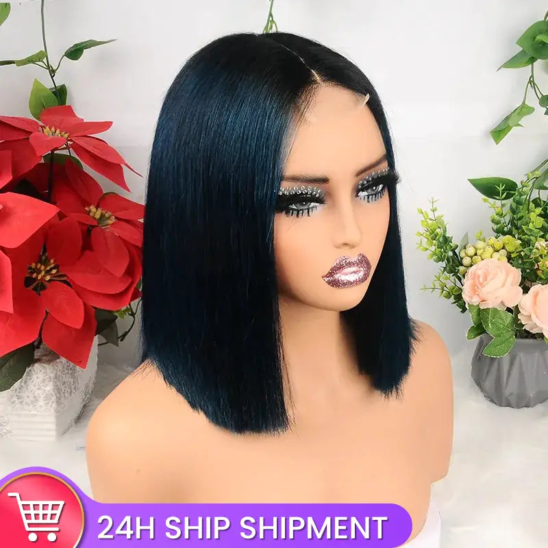Ombre 1B Green Straight Hair 2x6 Lace Closure 8 Inch 200% Density Short Wig