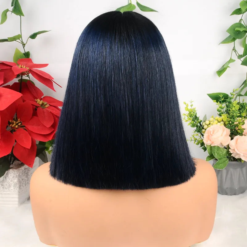 Perruque courte lisse verte ombrée 1B avec fermeture en dentelle 2x6, 8 pouces, densité 200 % 