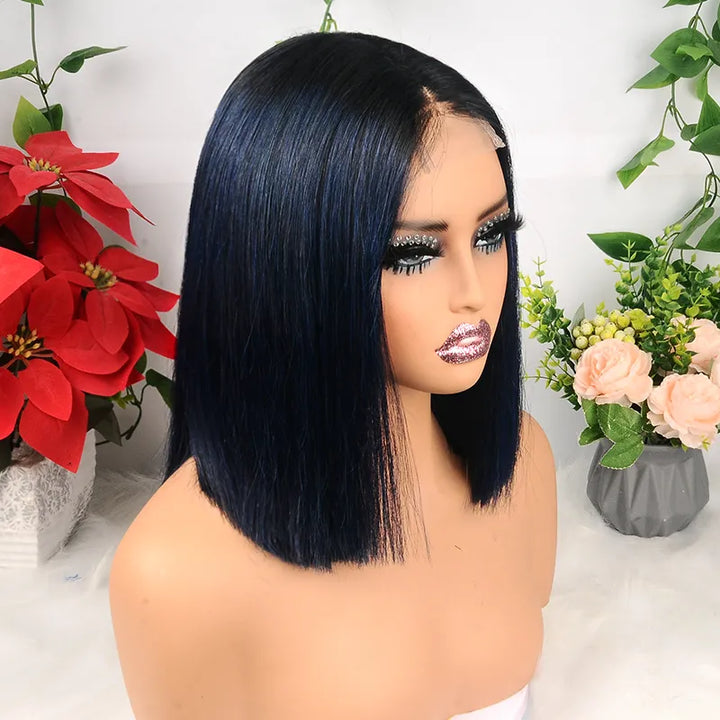 Perruque courte lisse verte ombrée 1B avec fermeture en dentelle 2x6, 8 pouces, densité 200 % 