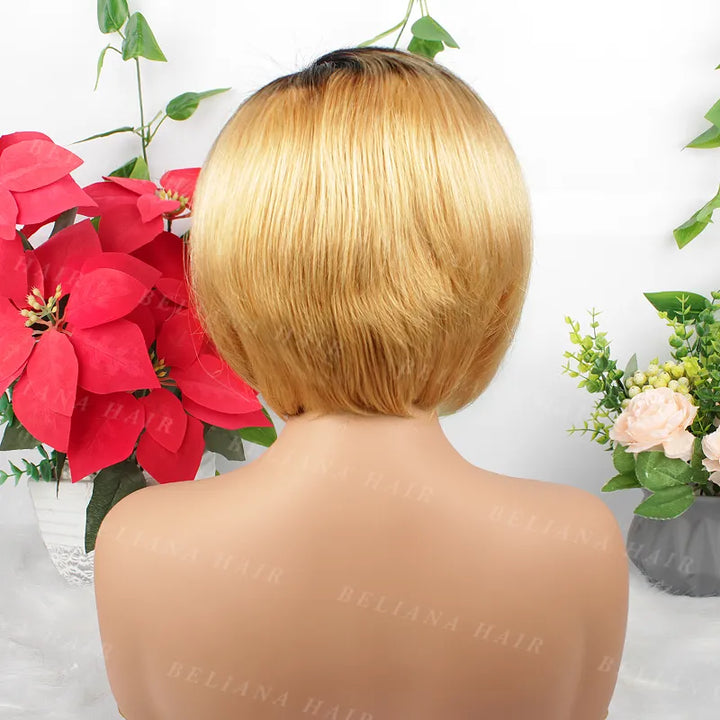 Perruque courte et lisse en cheveux humains, coupe Pixie, blond miel ombré 1B, 13x4, avec dentelle transparente 