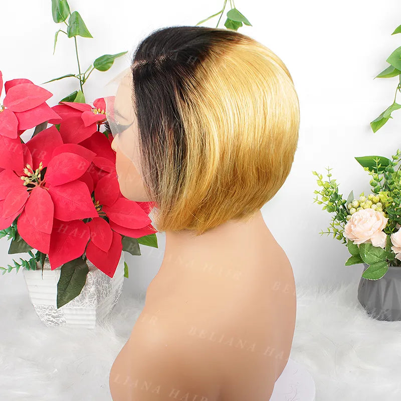 Perruque courte et lisse en cheveux humains, coupe Pixie, blond miel ombré 1B, 13x4, avec dentelle transparente 