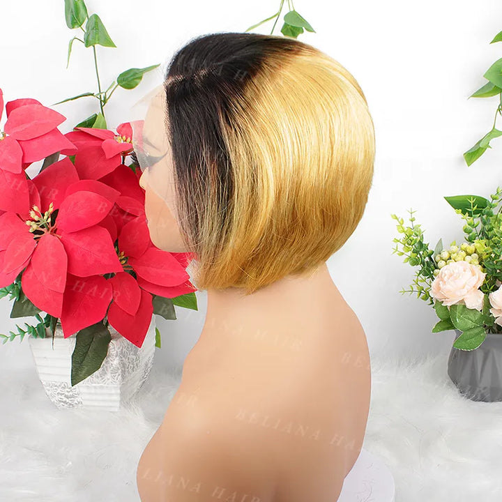 Perruque courte et lisse en cheveux humains, coupe Pixie, blond miel ombré 1B, 13x4, avec dentelle transparente 